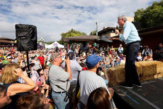 Mayor Bill de Blasio in front of a large crowd during a 2019 presidential campaign visit to the Iowa State Fair.